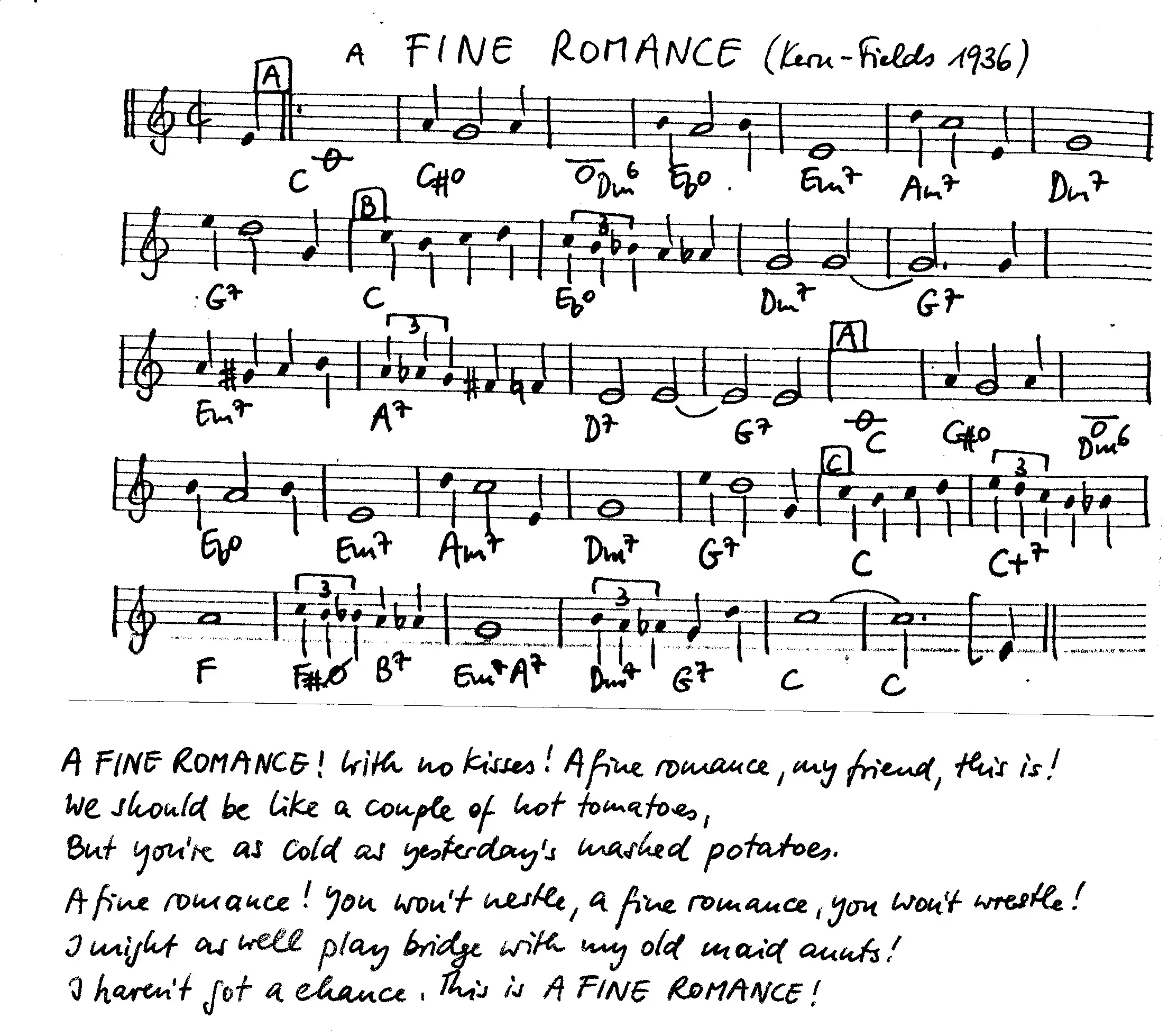 a fine romance free jazz leadsheet - Courtesy of the Jungle Jazz Band